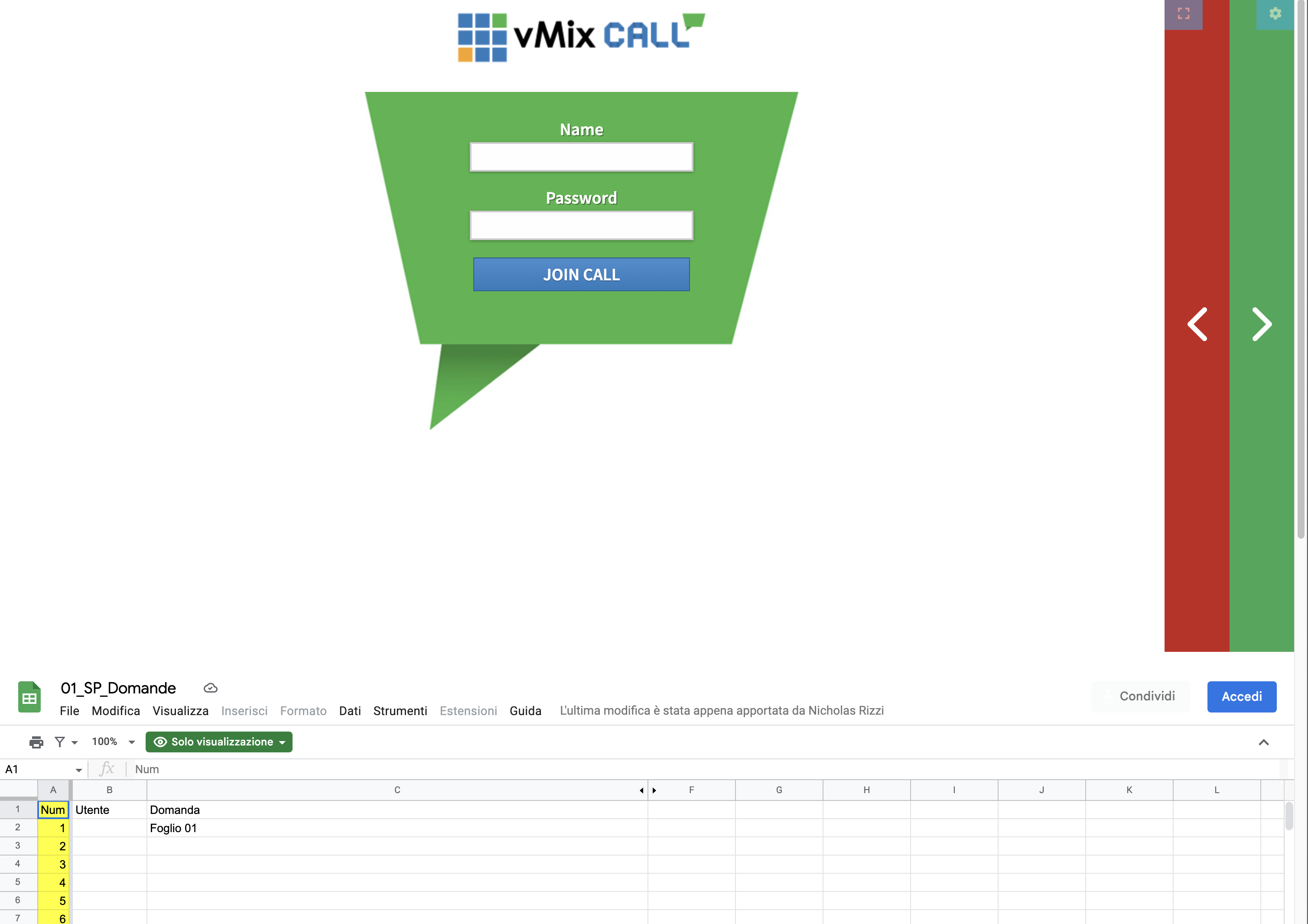 Interfaccia vMix Call in collegamento con gestione domande
